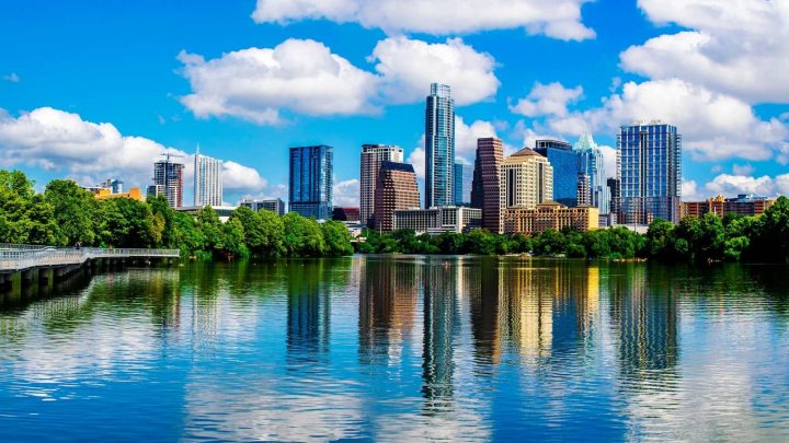 Austin skyline reflecting in water