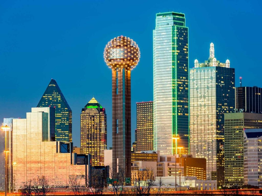 Dallas skyline lit up at night