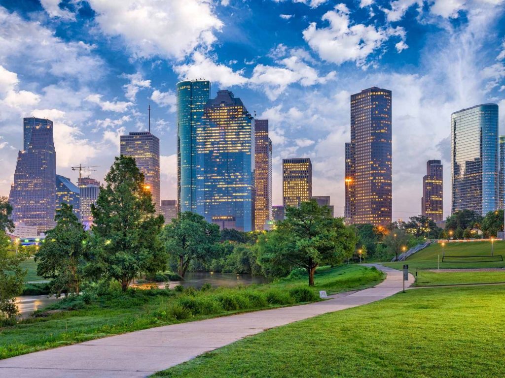 Houston skyline in the background of a park