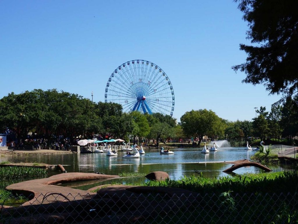ferris wheel and pond at Fair Park in Dallas
